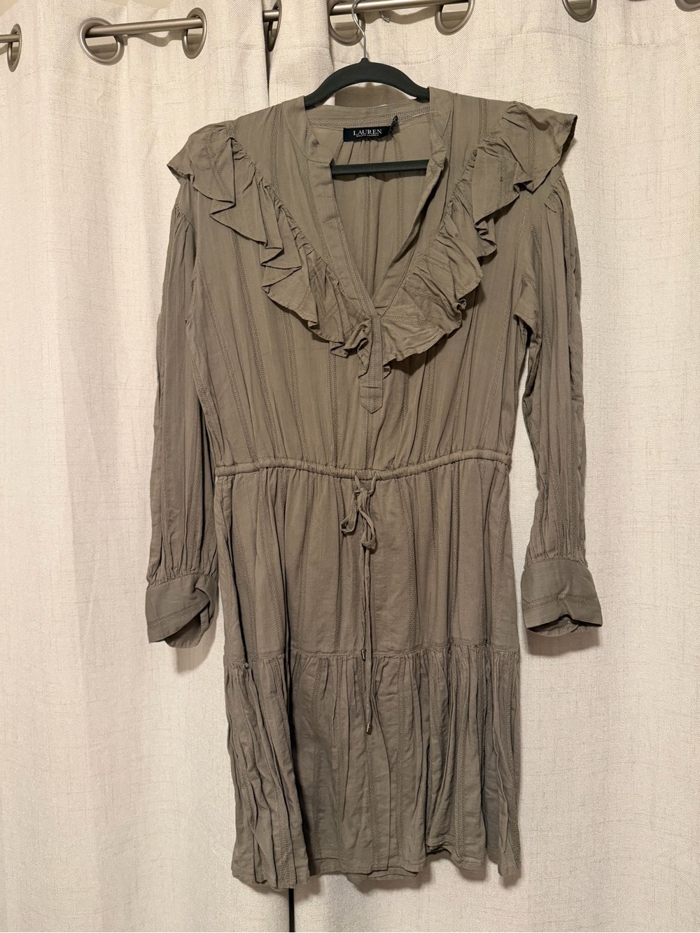 Ralph Lauren Olive Taupe Ruffle V‑Neck Tie‑Waist Long Sleeve Dress